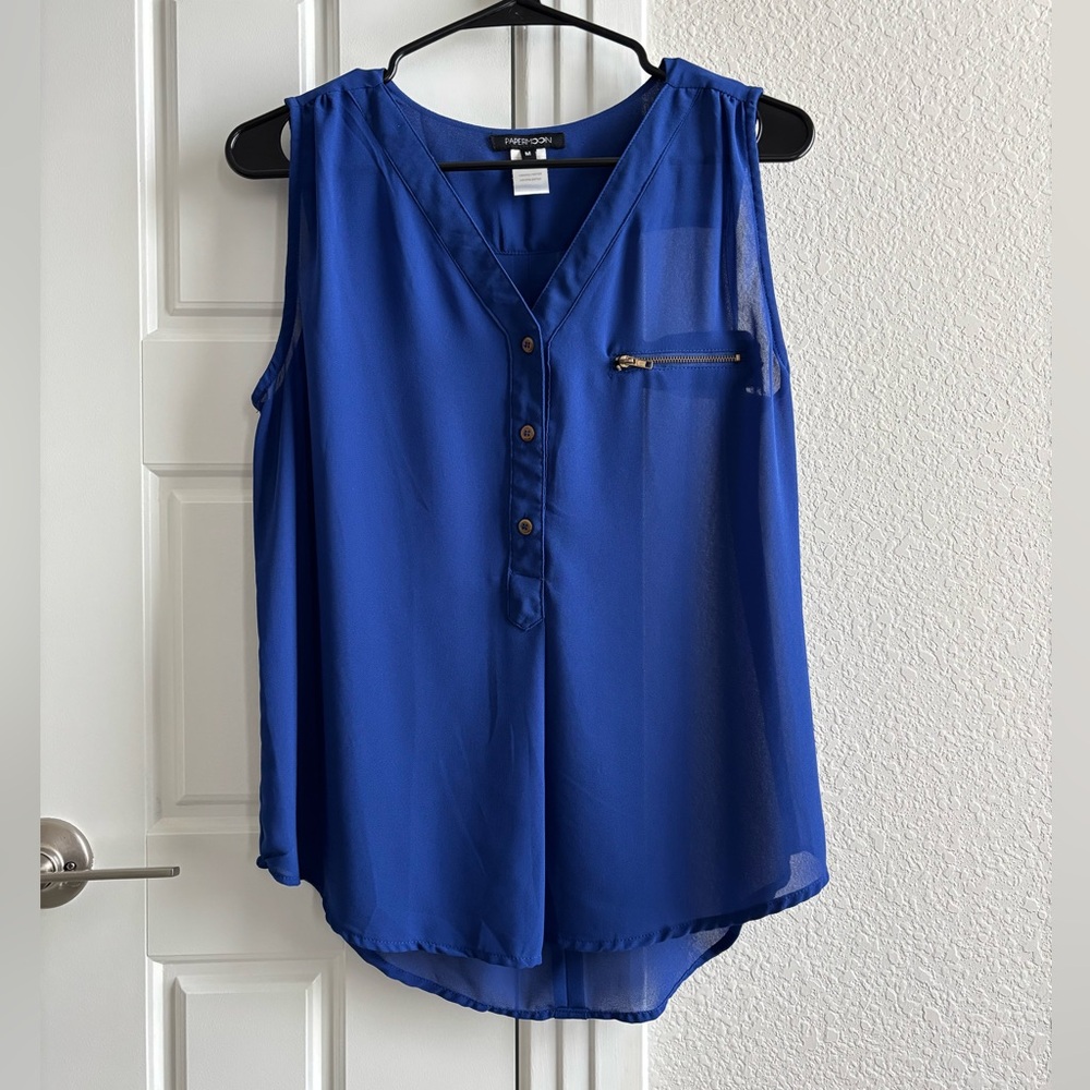 Papermoon royal blue sleeveless blouse, half button-up (size M)